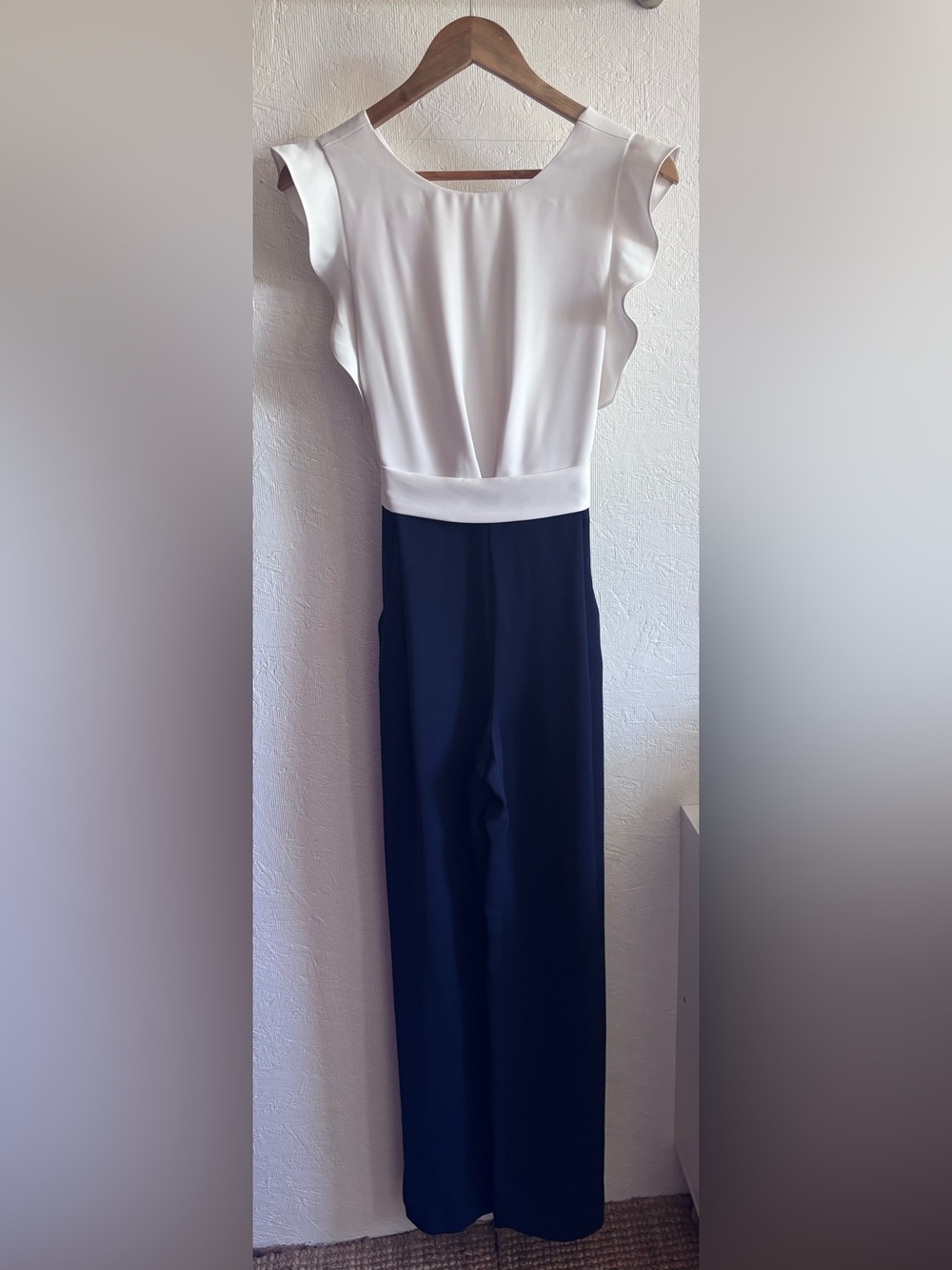 Phase Eight White Ruffle Navy Blue Belted Pocket Wide Leg Tailored Jumpsuit - Picture 5 of 16